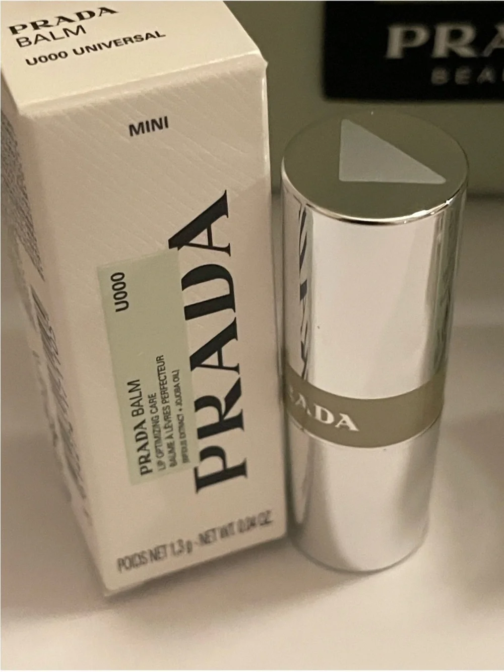 Prada Beauty Set 5 Pieces, Balm,”Empty” Bottles & Sage Green Pouch New in Dusty